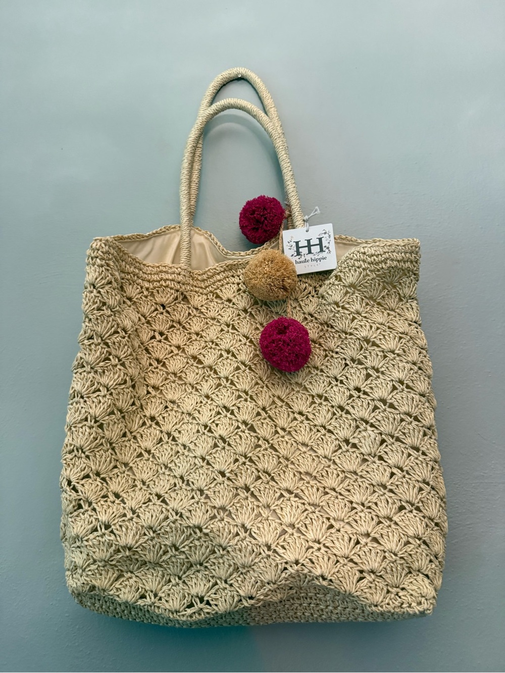 Haute Hippie Natural Straw Crochet Tote with Pink and Tan Pom-Poms